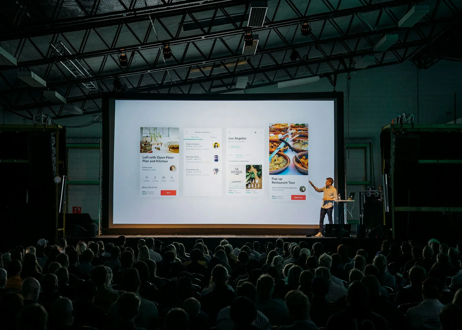 Large-scale direct-view LED video wall and auditorium presentation audio system